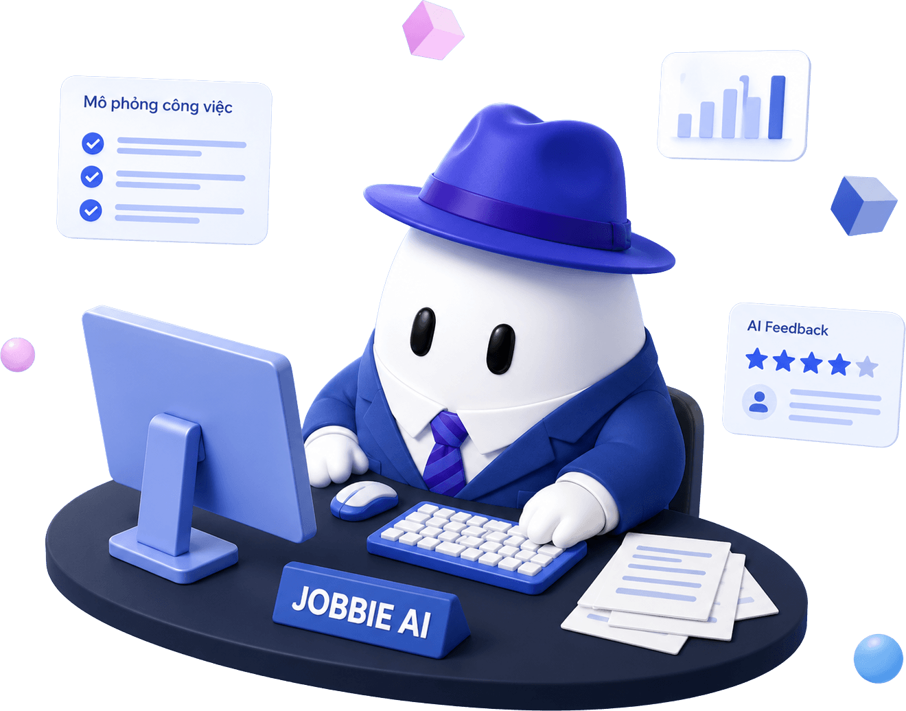 Thám tử Jobbie AI ngồi bàn làm việc gõ máy tính, xung quanh là thẻ Mô phỏng công việc, thẻ biểu đồ và thẻ AI Feedback bốn sao