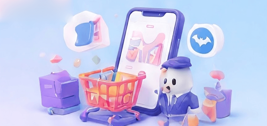Minh hoạ 3D điện thoại hiển thị trang mua sắm, giỏ hàng đầy đồ và mascot JobLens đứng cạnh