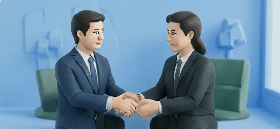 Minh hoạ 3D hai người mặc vest bắt tay trong phòng làm việc